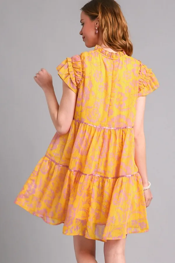 Umgee Flower Print Dress with Satin Tape Details in Honey Mix FINAL SALE