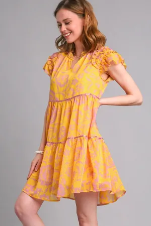 Umgee Flower Print Dress with Satin Tape Details in Honey Mix FINAL SALE