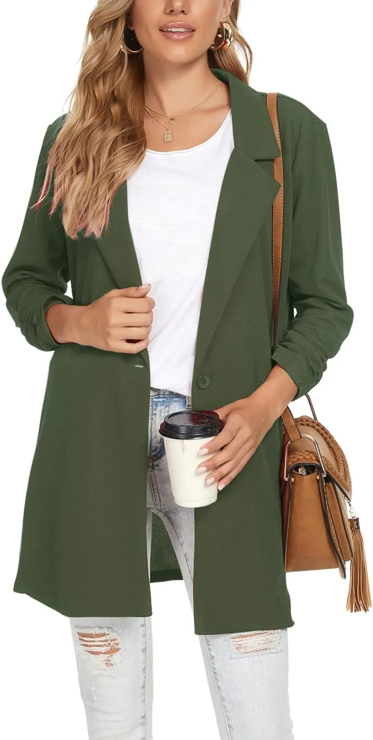 Unifizz Women's Long Sleeve Button Front Blazers Casual Lightweight Work Office Long Blazer Jackets