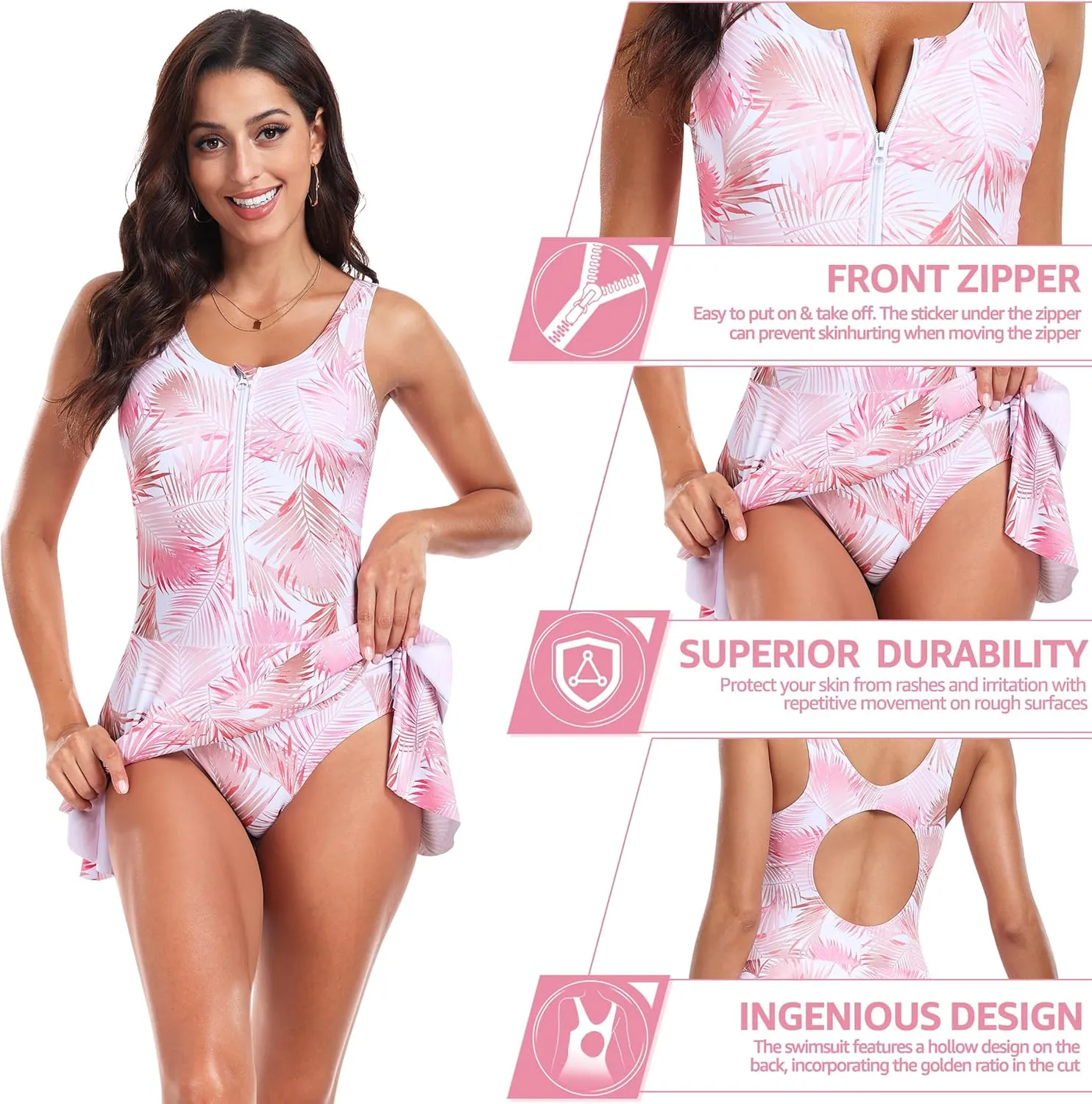 UNIQUEBELLA One Piece Swimsuits for Women Modest Tummy Control Swimwear Color Block Print Athletic Bathing Suits