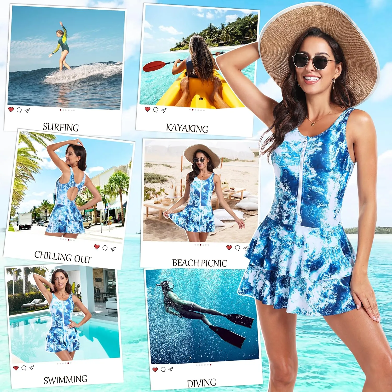 UNIQUEBELLA One Piece Swimsuits for Women Modest Tummy Control Swimwear Color Block Print Athletic Bathing Suits