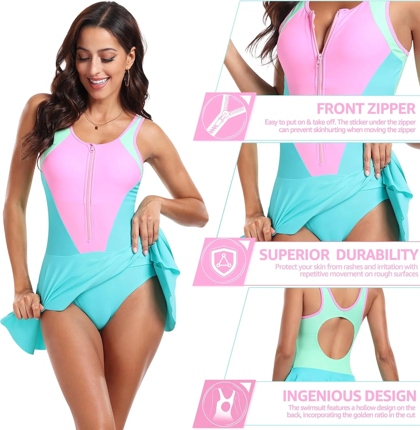 UNIQUEBELLA One Piece Swimsuits for Women Modest Tummy Control Swimwear Color Block Print Athletic Bathing Suits
