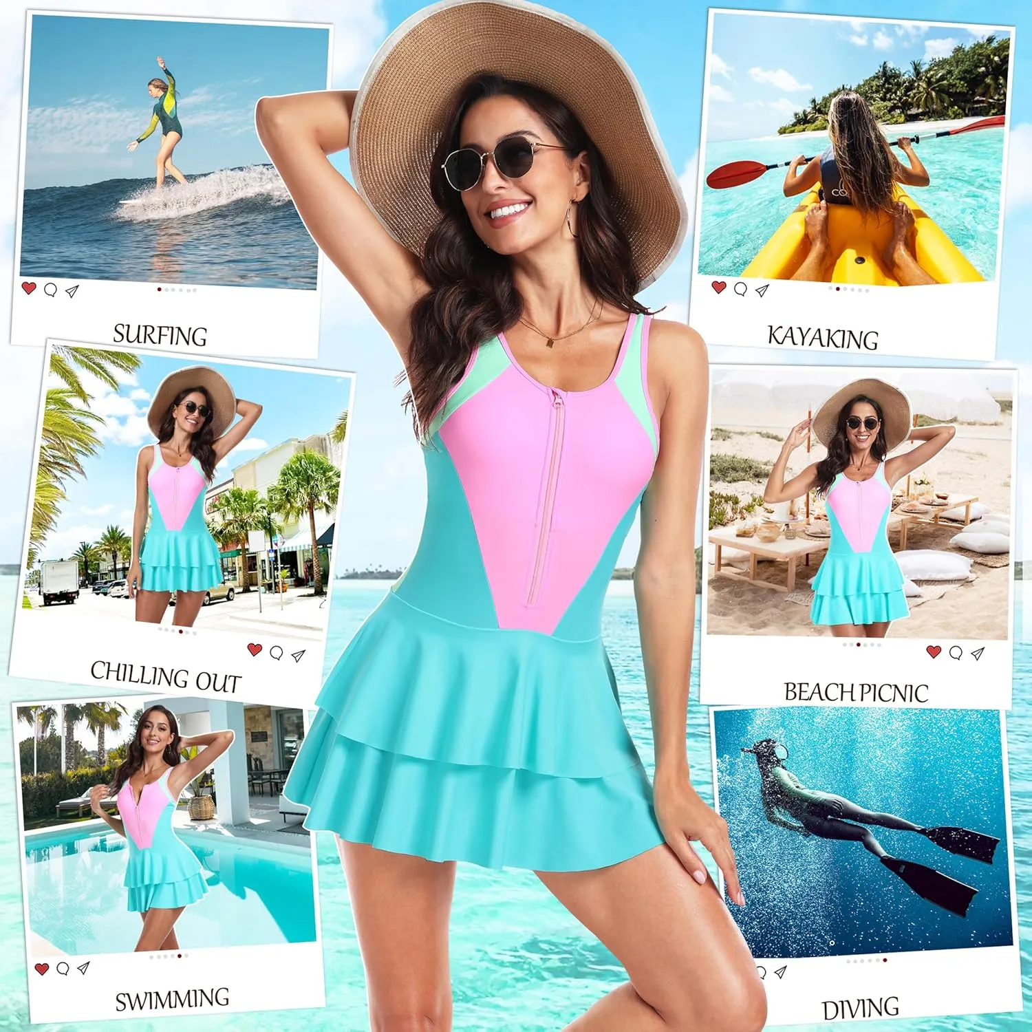 UNIQUEBELLA One Piece Swimsuits for Women Modest Tummy Control Swimwear Color Block Print Athletic Bathing Suits