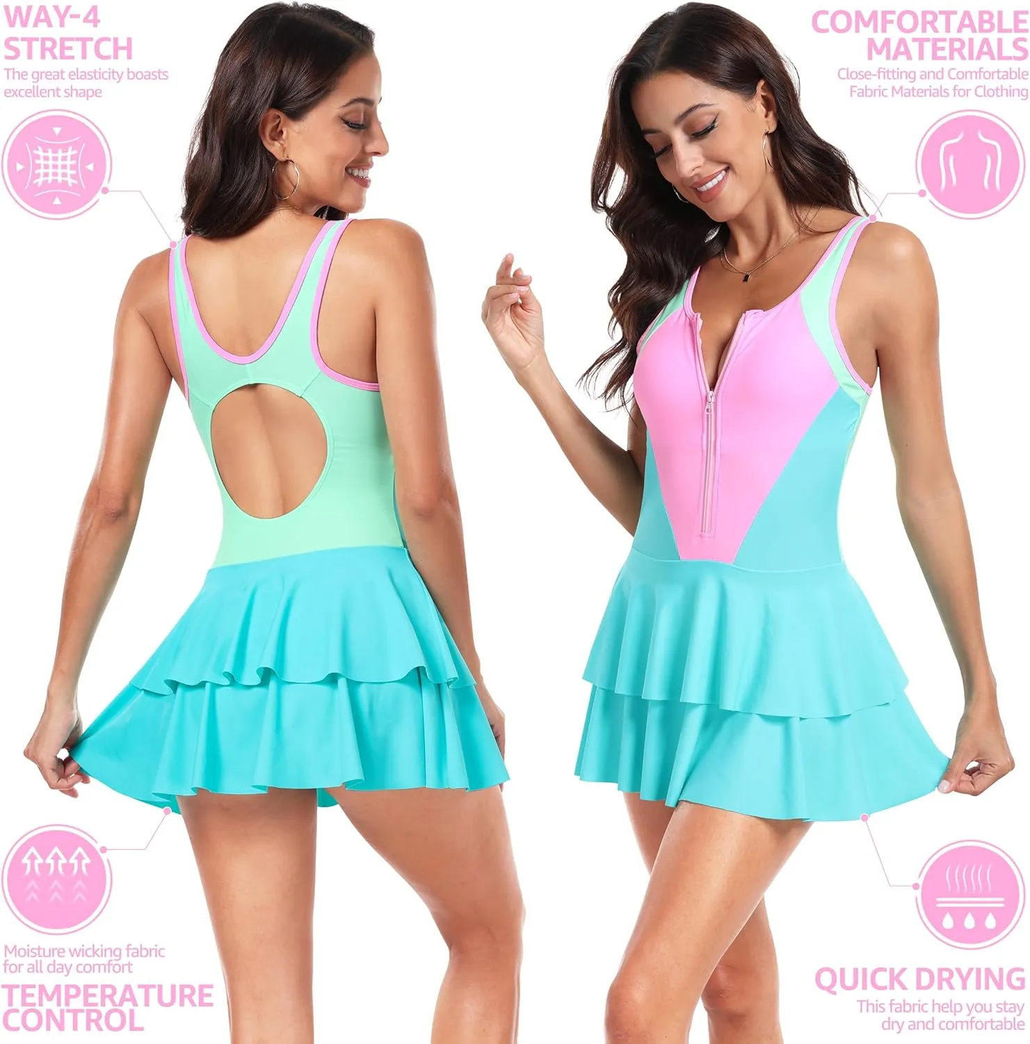 UNIQUEBELLA One Piece Swimsuits for Women Modest Tummy Control Swimwear Color Block Print Athletic Bathing Suits