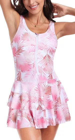 UNIQUEBELLA One Piece Swimsuits for Women Modest Tummy Control Swimwear Color Block Print Athletic Bathing Suits