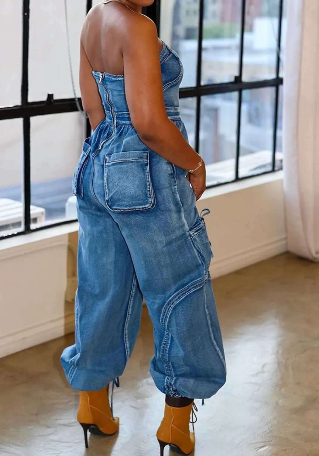 Unybwonn Women Strapless Denim Jumpsuit Sexy High Waisted Baggy Bow Tie Cargo Pants Tube Top One Piece Jean Romper