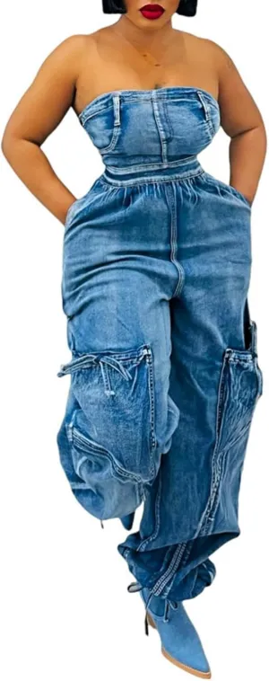 Unybwonn Women Strapless Denim Jumpsuit Sexy High Waisted Baggy Bow Tie Cargo Pants Tube Top One Piece Jean Romper