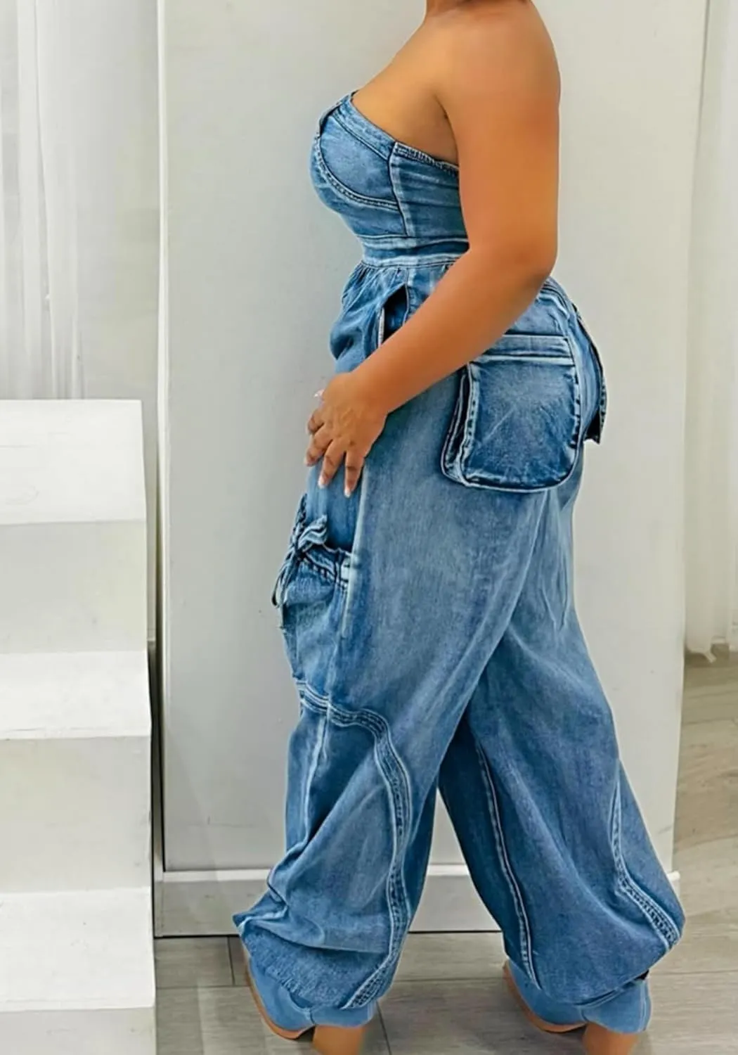 Unybwonn Women Strapless Denim Jumpsuit Sexy High Waisted Baggy Bow Tie Cargo Pants Tube Top One Piece Jean Romper