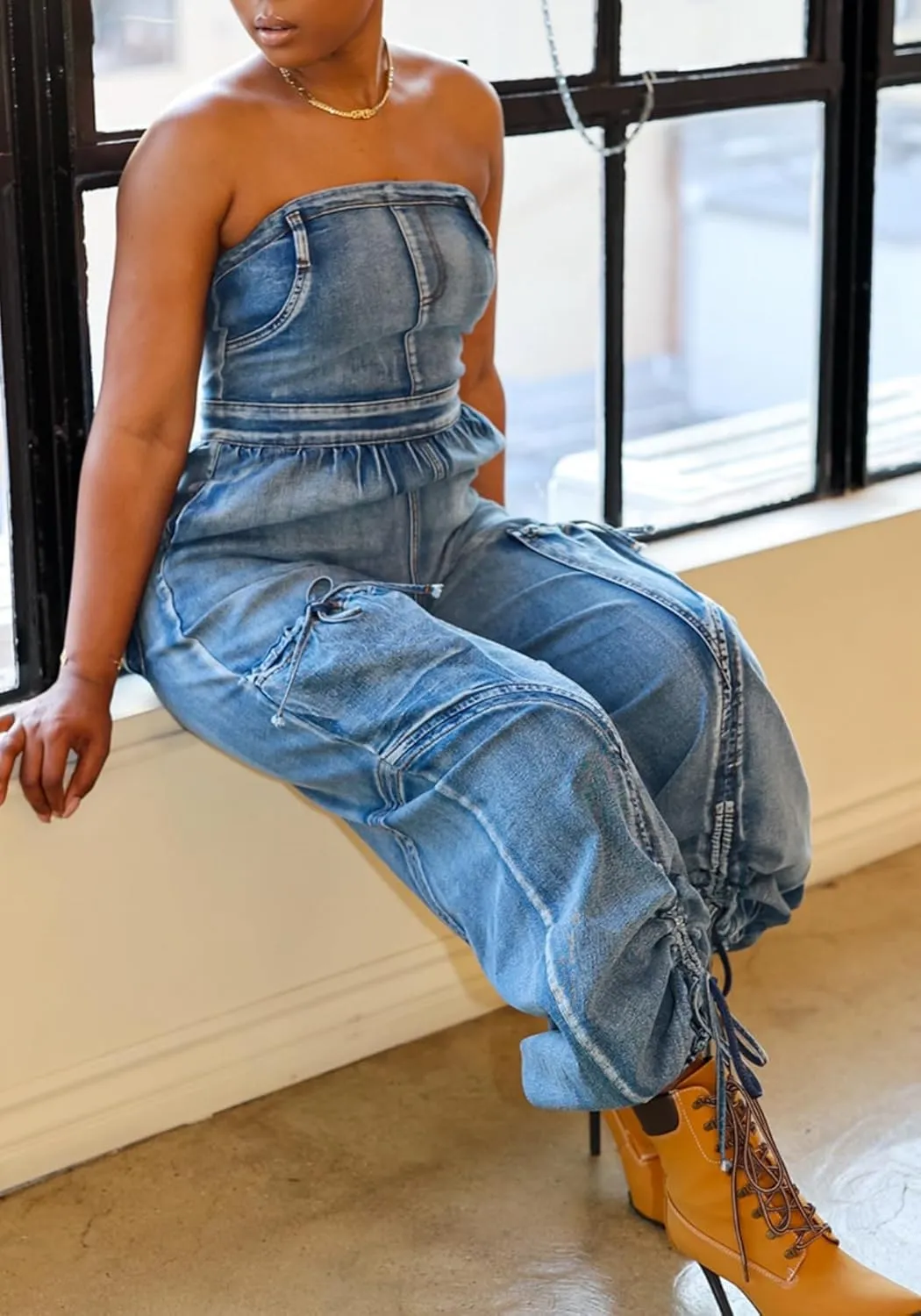 Unybwonn Women Strapless Denim Jumpsuit Sexy High Waisted Baggy Bow Tie Cargo Pants Tube Top One Piece Jean Romper