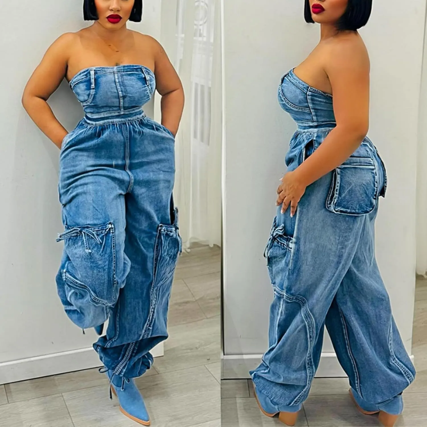 Unybwonn Women Strapless Denim Jumpsuit Sexy High Waisted Baggy Bow Tie Cargo Pants Tube Top One Piece Jean Romper