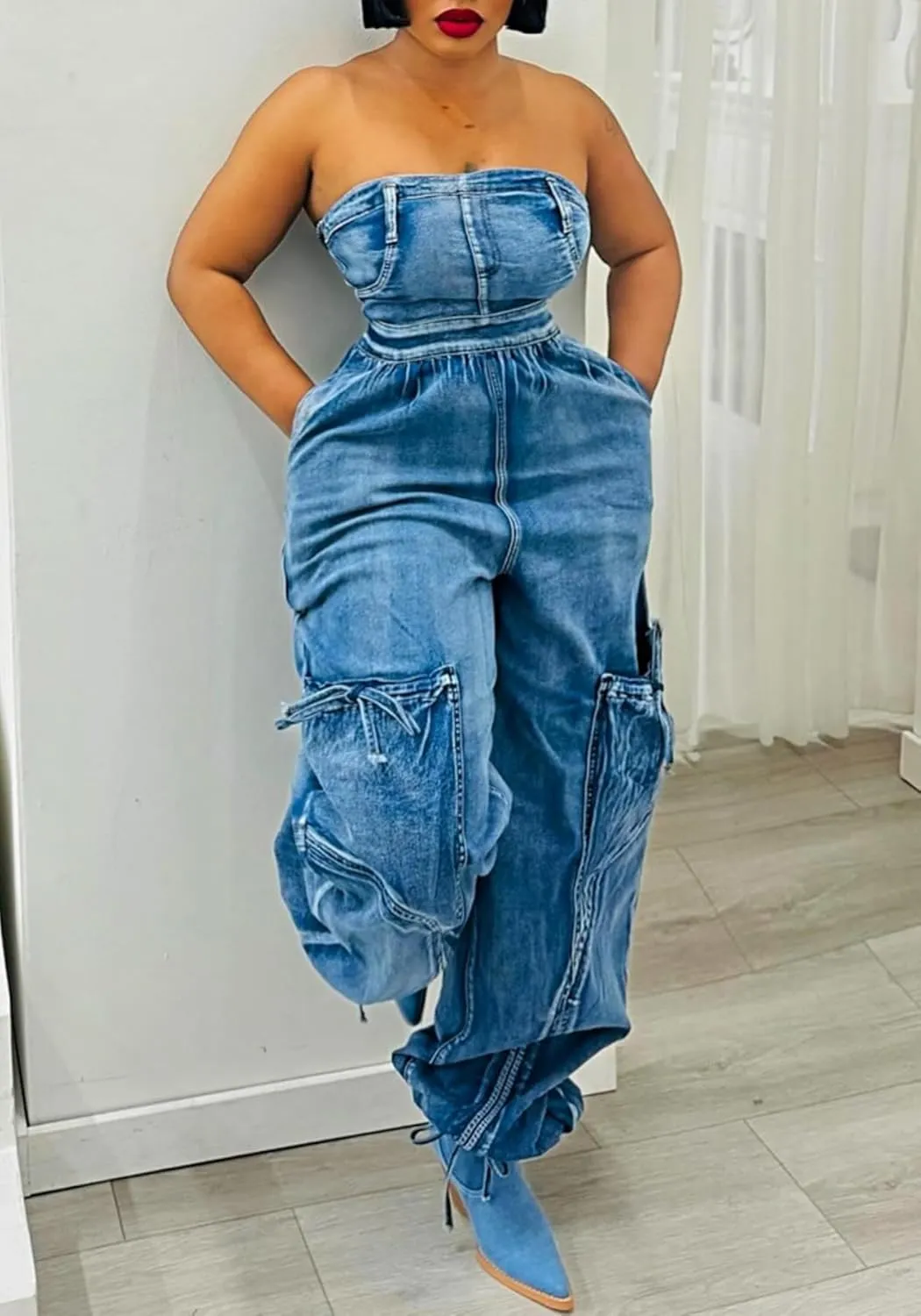 Unybwonn Women Strapless Denim Jumpsuit Sexy High Waisted Baggy Bow Tie Cargo Pants Tube Top One Piece Jean Romper