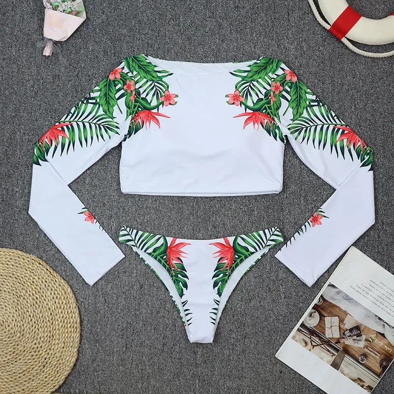 Upopby Long Sleeve Surfing Swimsuit High-cut Two-Piece Swimsuit