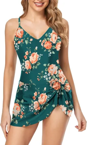 Upopby Women's One Piece Swimdress Swimsuits for Women Tummy Control Swim Dress Slimming Side Tie Skirted Bathing Suits