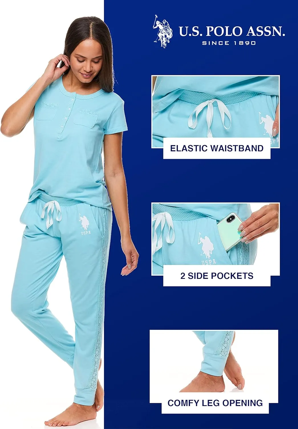 U.S. Polo Assn. Womens Pajama Set with Pockets - Short Sleeve Shirt and Pajama Pants Pj Set