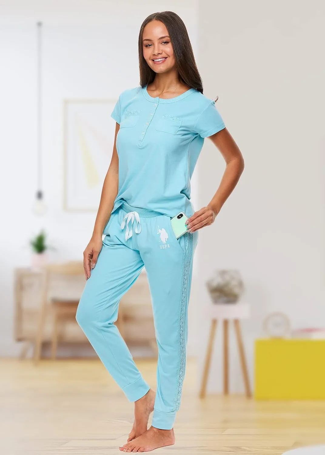 U.S. Polo Assn. Womens Pajama Set with Pockets - Short Sleeve Shirt and Pajama Pants Pj Set