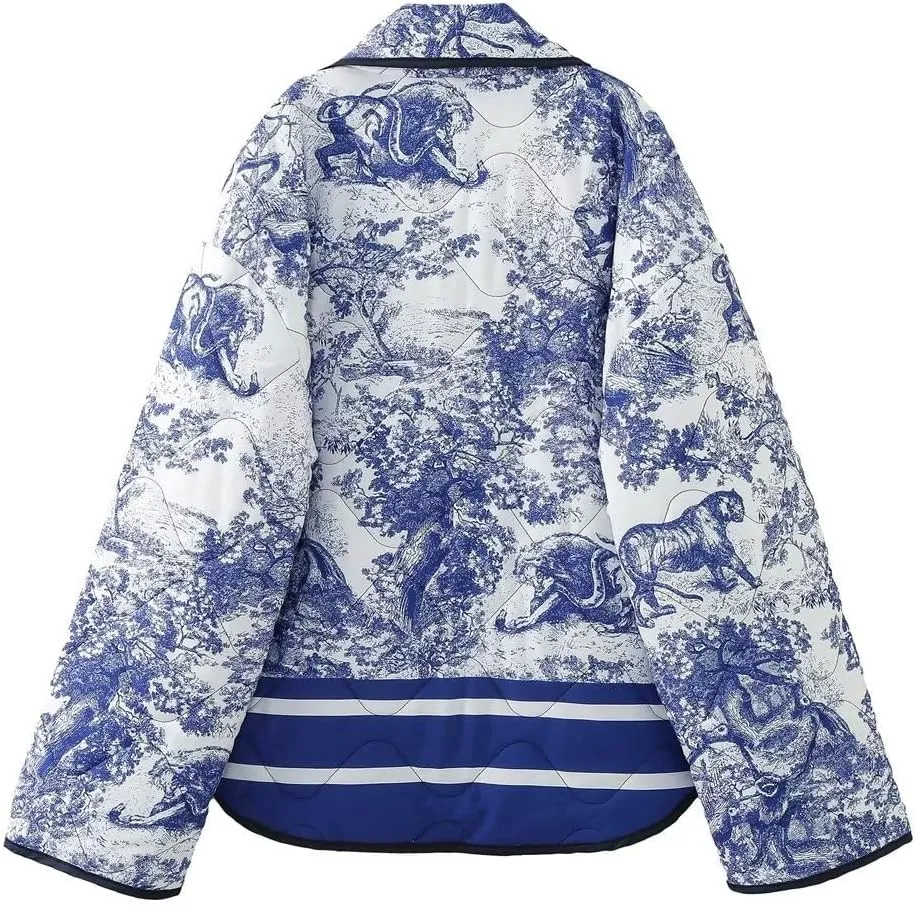 utcoco Womens Cropped Floral Printed Quilted Lightweight Jacket Open Front Padded Puffer Cardigan Coat with Pocket