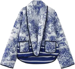 utcoco Womens Cropped Floral Printed Quilted Lightweight Jacket Open Front Padded Puffer Cardigan Coat with Pocket