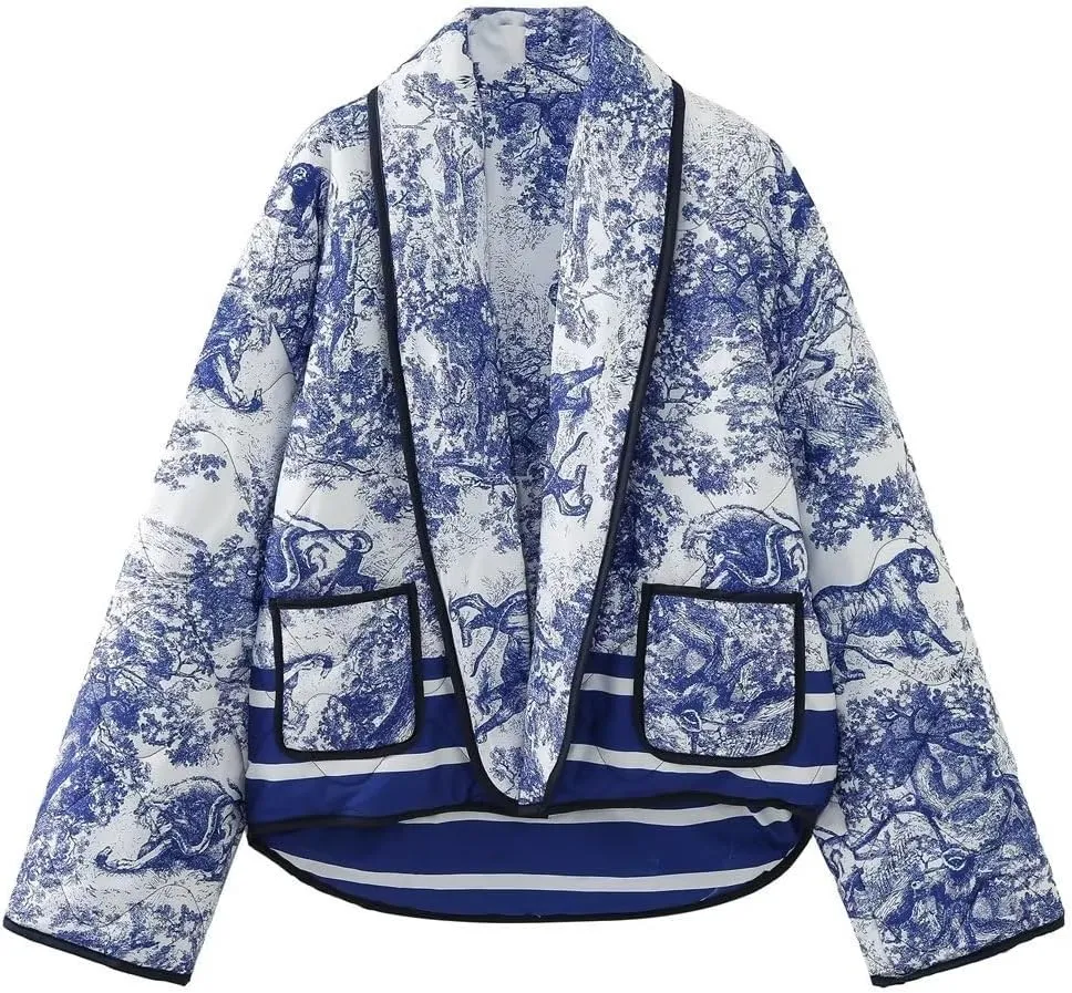 utcoco Womens Cropped Floral Printed Quilted Lightweight Jacket Open Front Padded Puffer Cardigan Coat with Pocket