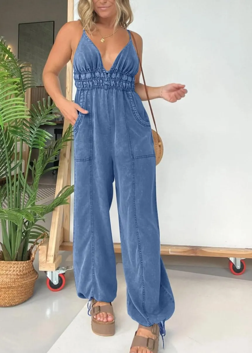 utcoco Womens Smocked Elastic Waist Denim Jumpsuit Sleeveless Adjustable Straps Wide Leg Jeans Overall Jumpsuits