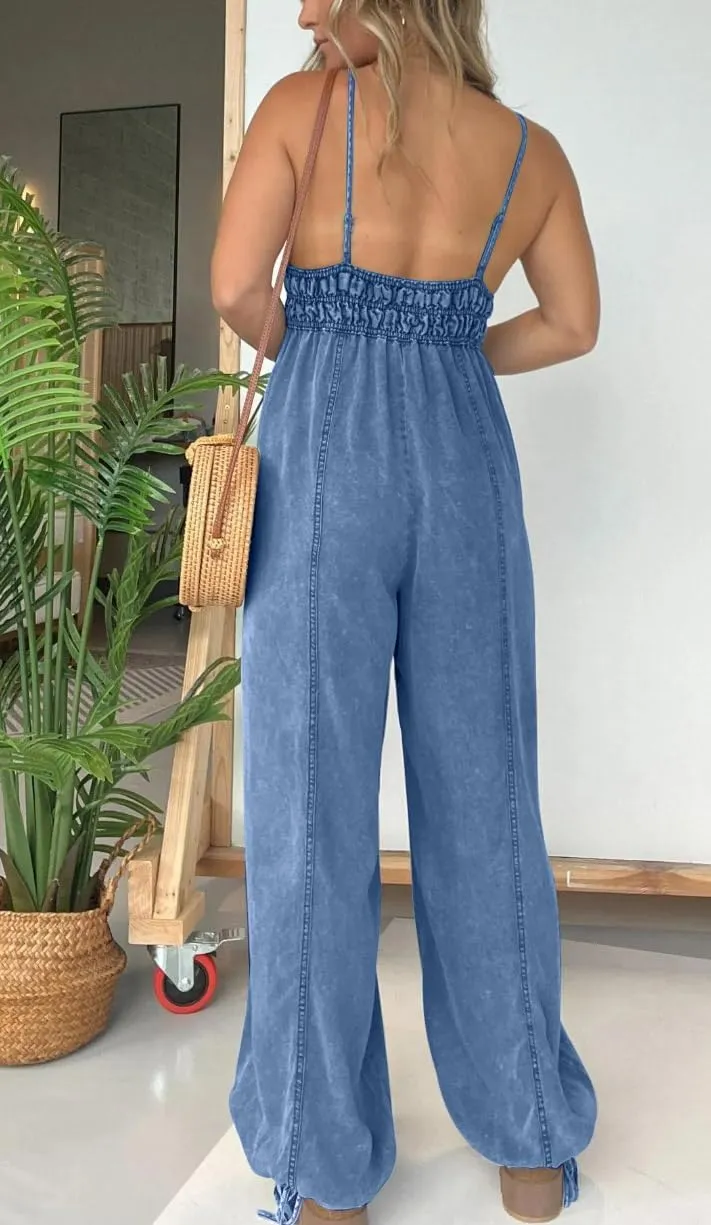 utcoco Womens Smocked Elastic Waist Denim Jumpsuit Sleeveless Adjustable Straps Wide Leg Jeans Overall Jumpsuits