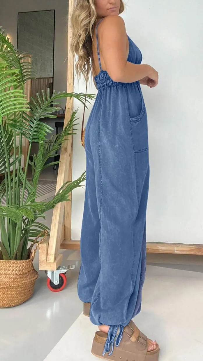 utcoco Womens Smocked Elastic Waist Denim Jumpsuit Sleeveless Adjustable Straps Wide Leg Jeans Overall Jumpsuits