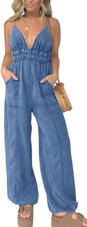 utcoco Womens Smocked Elastic Waist Denim Jumpsuit Sleeveless Adjustable Straps Wide Leg Jeans Overall Jumpsuits
