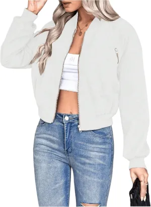 Verdusa Women's Cropped Bomber Jackets Casual Lightweight Jacket Zip Up Long Sleeve Coat