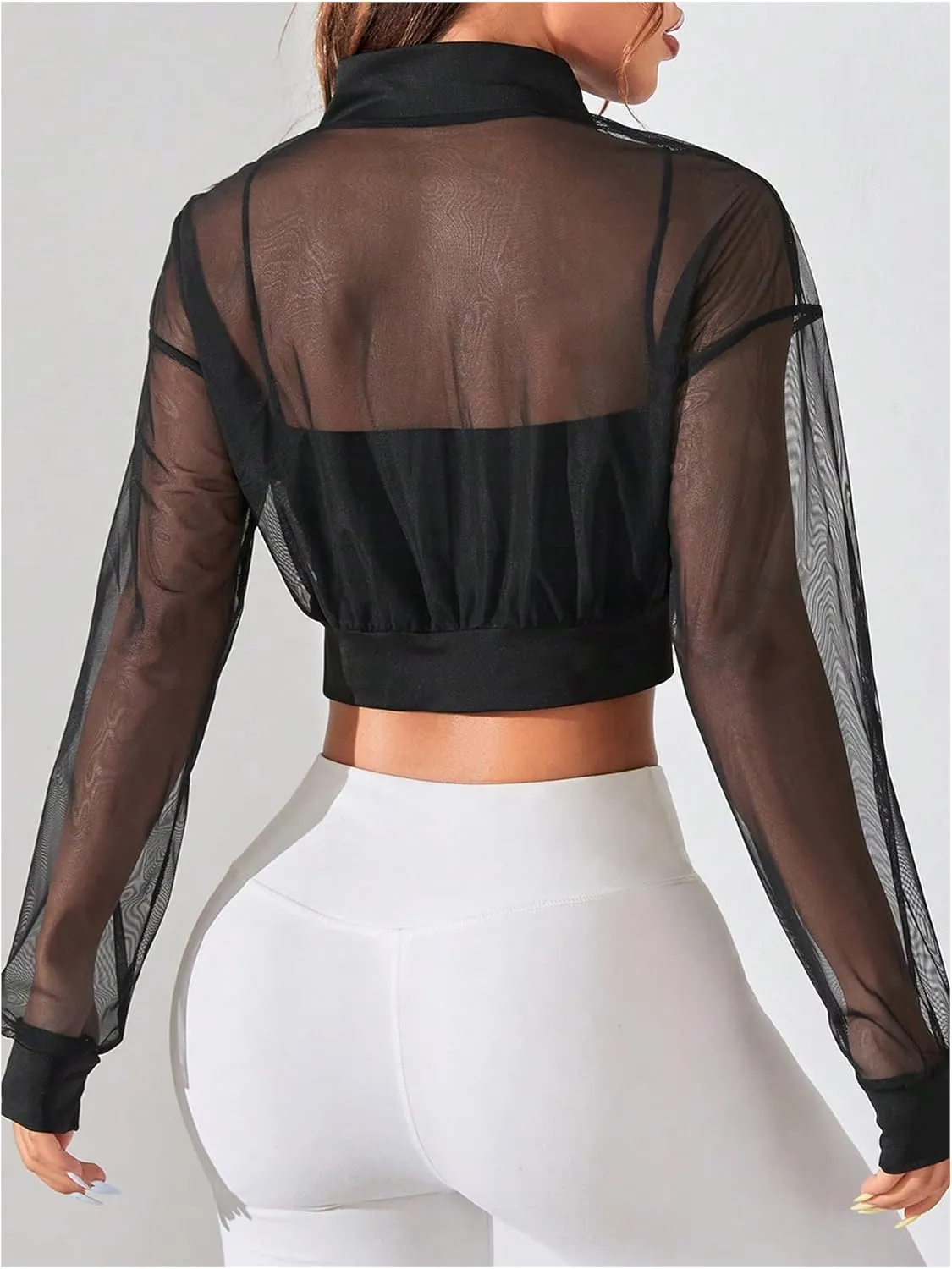 Verdusa Women's Mesh Sheer Crop Athletic Jackets Lightweight Long Sleeve Zip Up Jacket Outwear