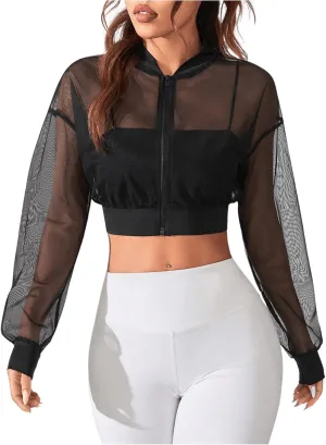 Verdusa Women's Mesh Sheer Crop Athletic Jackets Lightweight Long Sleeve Zip Up Jacket Outwear