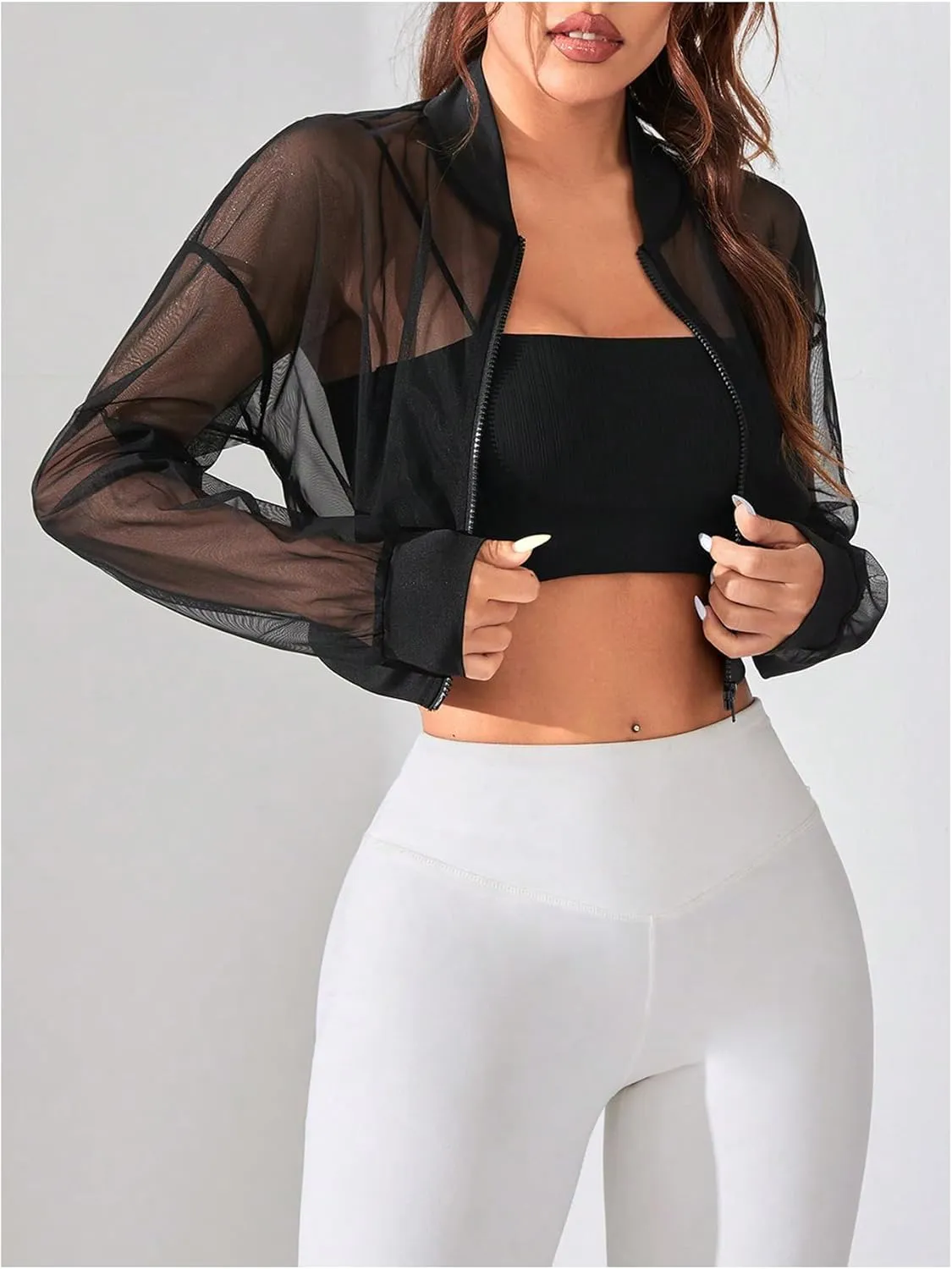 Verdusa Women's Mesh Sheer Crop Athletic Jackets Lightweight Long Sleeve Zip Up Jacket Outwear
