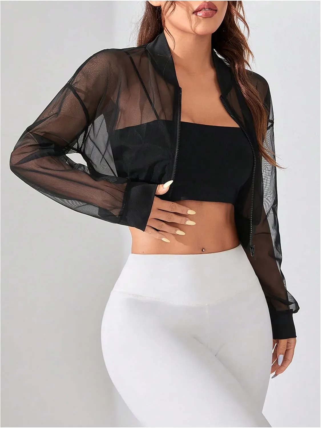 Verdusa Women's Mesh Sheer Crop Athletic Jackets Lightweight Long Sleeve Zip Up Jacket Outwear