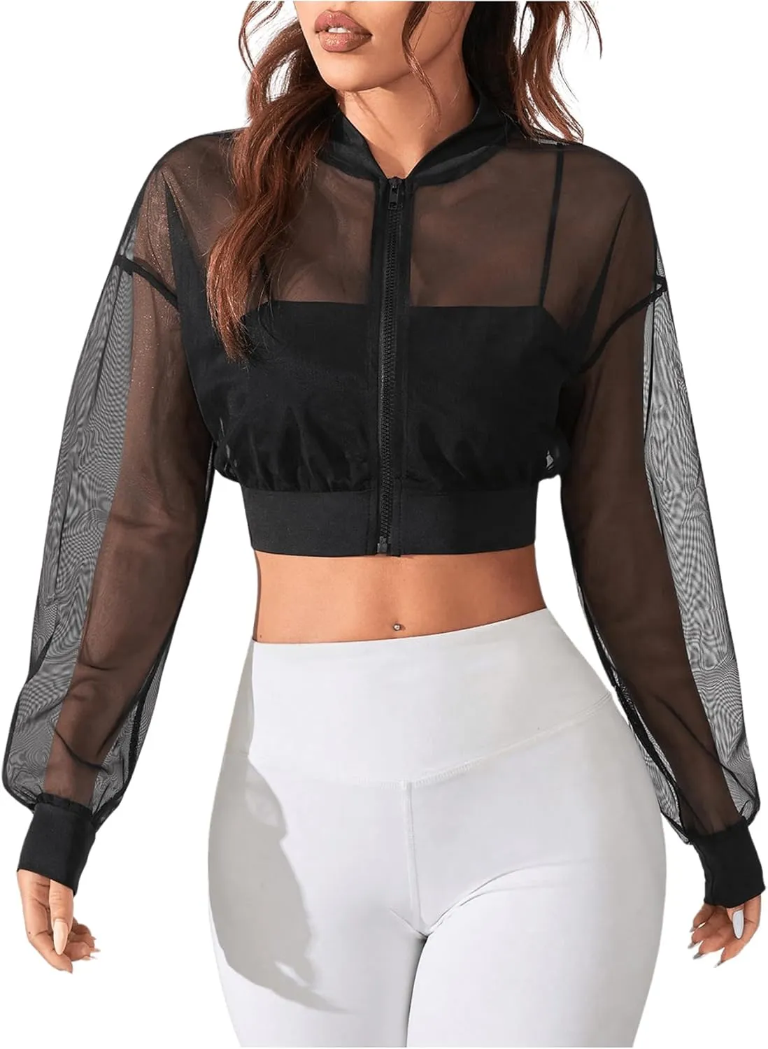 Verdusa Women's Mesh Sheer Crop Athletic Jackets Lightweight Long Sleeve Zip Up Jacket Outwear