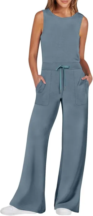Versatile Jumpsuit Ladies Sleeveless Dressy Casual Solid Color Fashion Long Rompers Rompers Summer Trendy