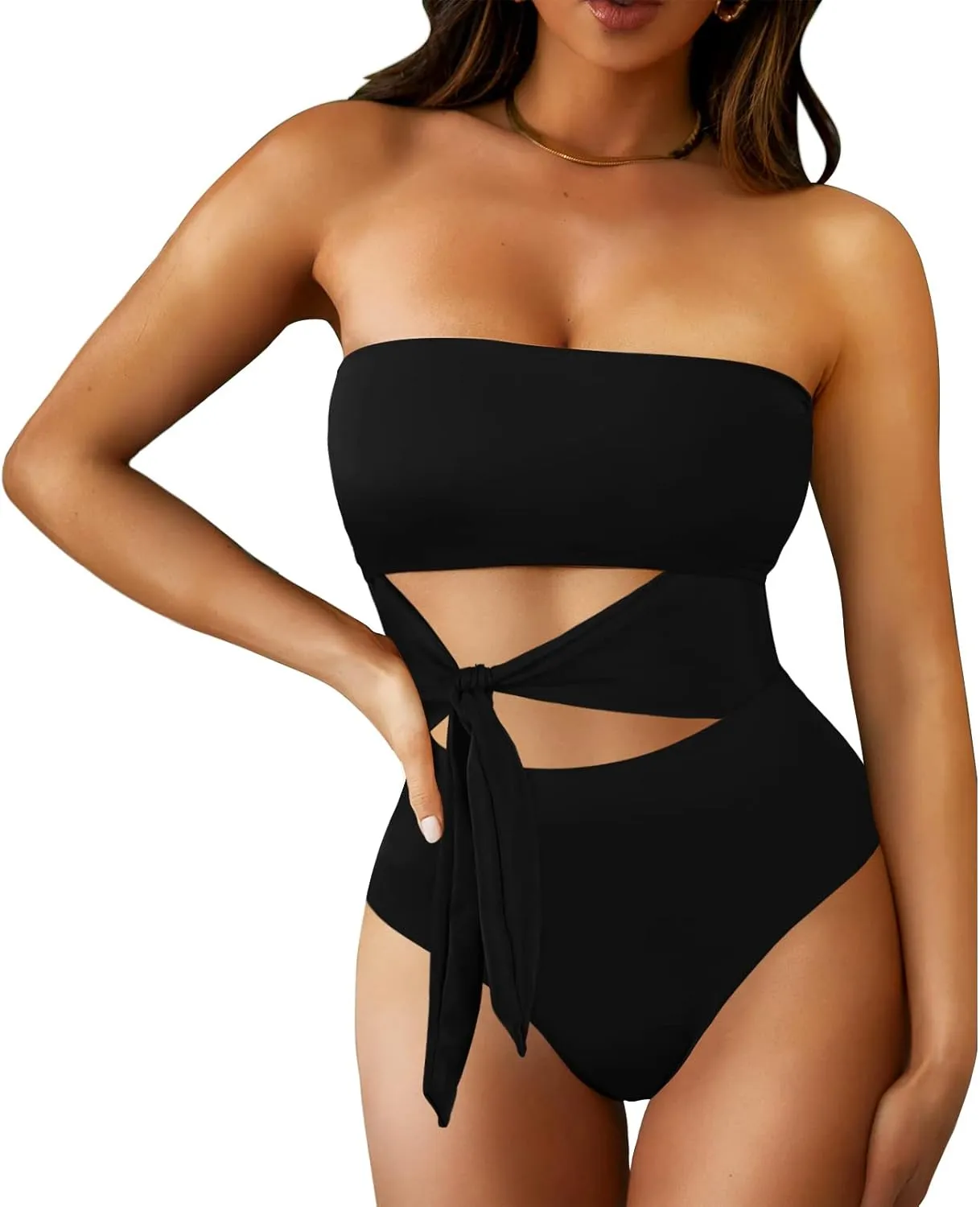 Viottiset Women's Bandeau One Piece Swimsuit Strapless Tie High Cut Out Bathing Suit