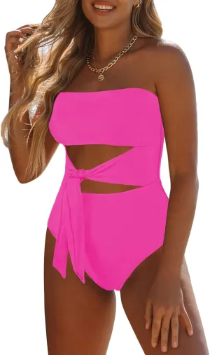 Viottiset Women's Bandeau One Piece Swimsuit Strapless Tie High Cut Out Bathing Suit