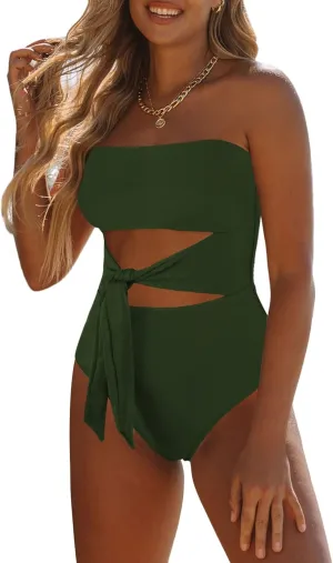 Viottiset Women's Bandeau One Piece Swimsuit Strapless Tie High Cut Out Bathing Suit