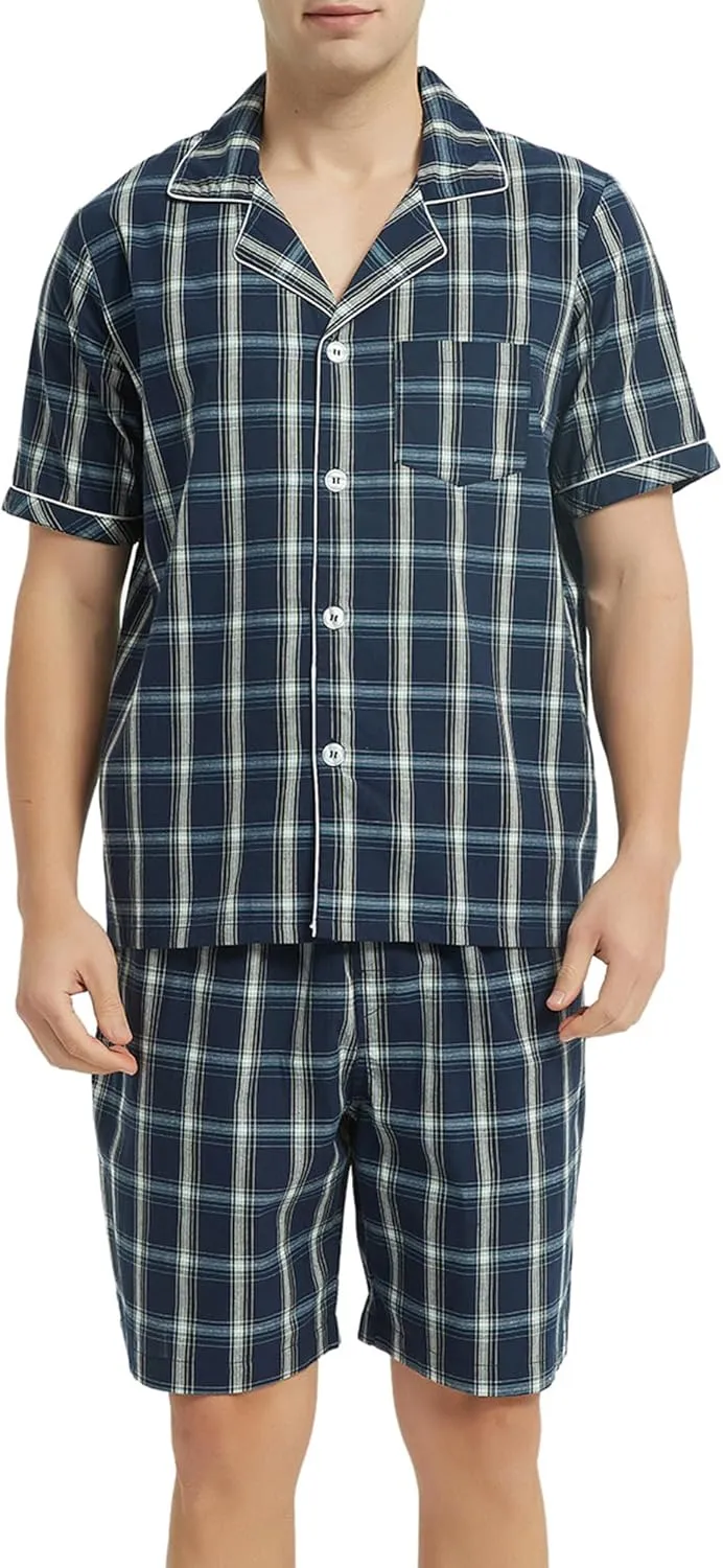 Vulcanodon Mens Cotton Pajama Set Short Sleeve, Button Down Pajama Set for Men Lightweight Men's Sleepwear