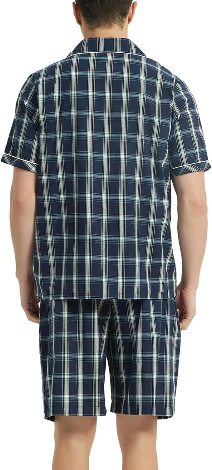 Vulcanodon Mens Cotton Pajama Set Short Sleeve, Button Down Pajama Set for Men Lightweight Men's Sleepwear