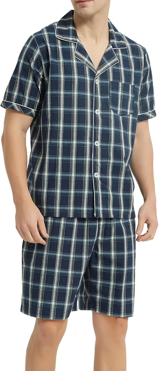 Vulcanodon Mens Cotton Pajama Set Short Sleeve, Button Down Pajama Set for Men Lightweight Men's Sleepwear