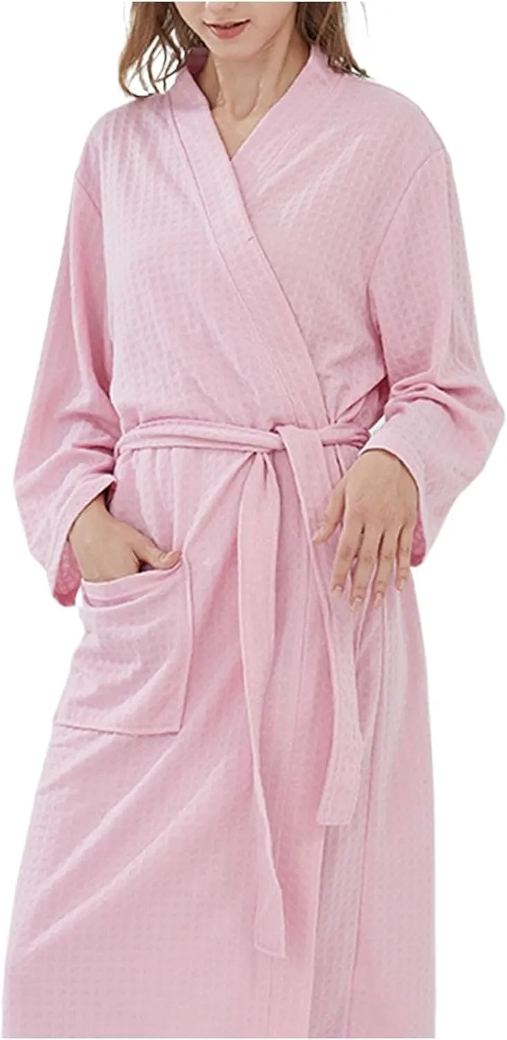 Waffle Bathrobe Womens Pajama Robe Long Sleeve Sleepwear Warm Nightgown Solid Color Nightwear Soft Casual Loungewear
