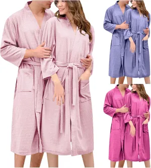 Waffle Bathrobe Womens Pajama Robe Long Sleeve Sleepwear Warm Nightgown Solid Color Nightwear Soft Casual Loungewear