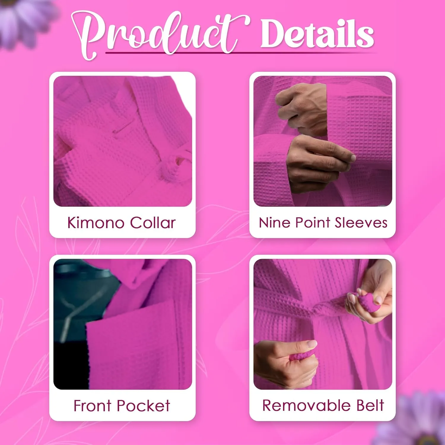 Waffle Knit Kimono Bathrobe for Women, 100% Cotton, Soft, Lightweight, Quick-Dry, Spa & Lounge Robe