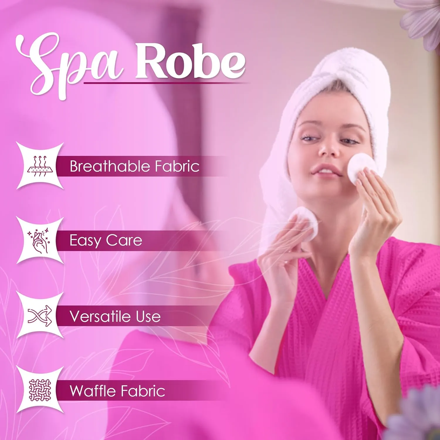 Waffle Knit Kimono Bathrobe for Women, 100% Cotton, Soft, Lightweight, Quick-Dry, Spa & Lounge Robe