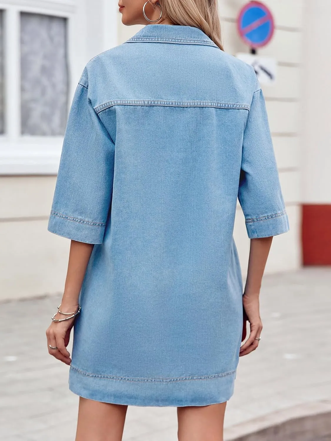 Wenrine Womens Denim Shirt Dress Summer Casual V Neck Short Sleeve Loose Jean Mini Dress