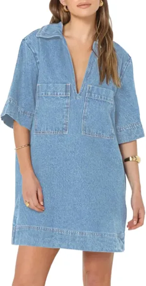 Wenrine Womens Denim Shirt Dress Summer Casual V Neck Short Sleeve Loose Jean Mini Dress