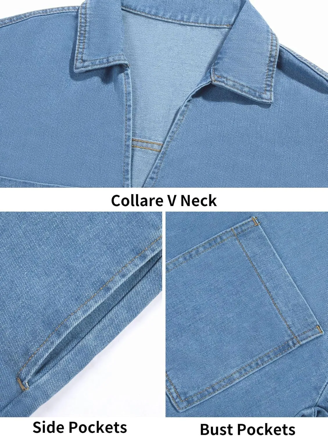 Wenrine Womens Denim Shirt Dress Summer Casual V Neck Short Sleeve Loose Jean Mini Dress