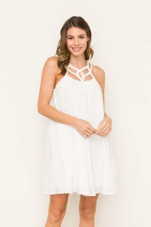 White Lattice Detail Neckline Dress