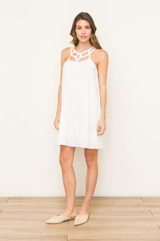 White Lattice Detail Neckline Dress