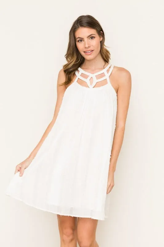 White Lattice Detail Neckline Dress