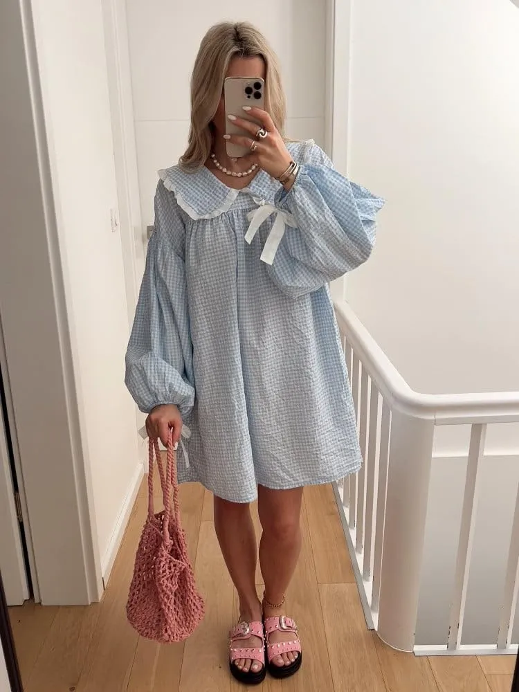 Women Babydoll Flowy Mini Dress Puff Sleeve Plaid Print Short Dress Cute Gingham Ruffle Swing Boho Sundress